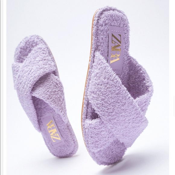 NWT ZARA LILAC PURPLE TERRYCLOTH FLAT CROSSED-STRAP SANDALS SHOES SLIP-ON 8 / 39